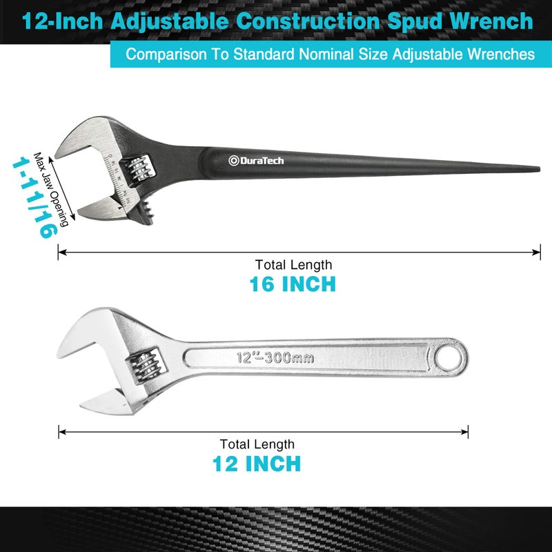 DURATECH 12-Inch Adjustable Construction Spud Wrench, Black Oxide Finish, CR-V Steel, SAE and Metric Scale Marked, Alignment Holes and Tail Crowbar Features - Image 2